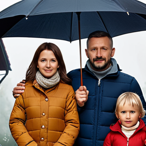 Home 11 **
A family (parents and two children) standing under a large, protective umbrella labeled "Ubezpieczenie na Życie" (Life Insurance). In the background, a cozy house with smoke coming from the chimney. The scene evokes a sense of warmth, security, and family well-being in Poland.
**